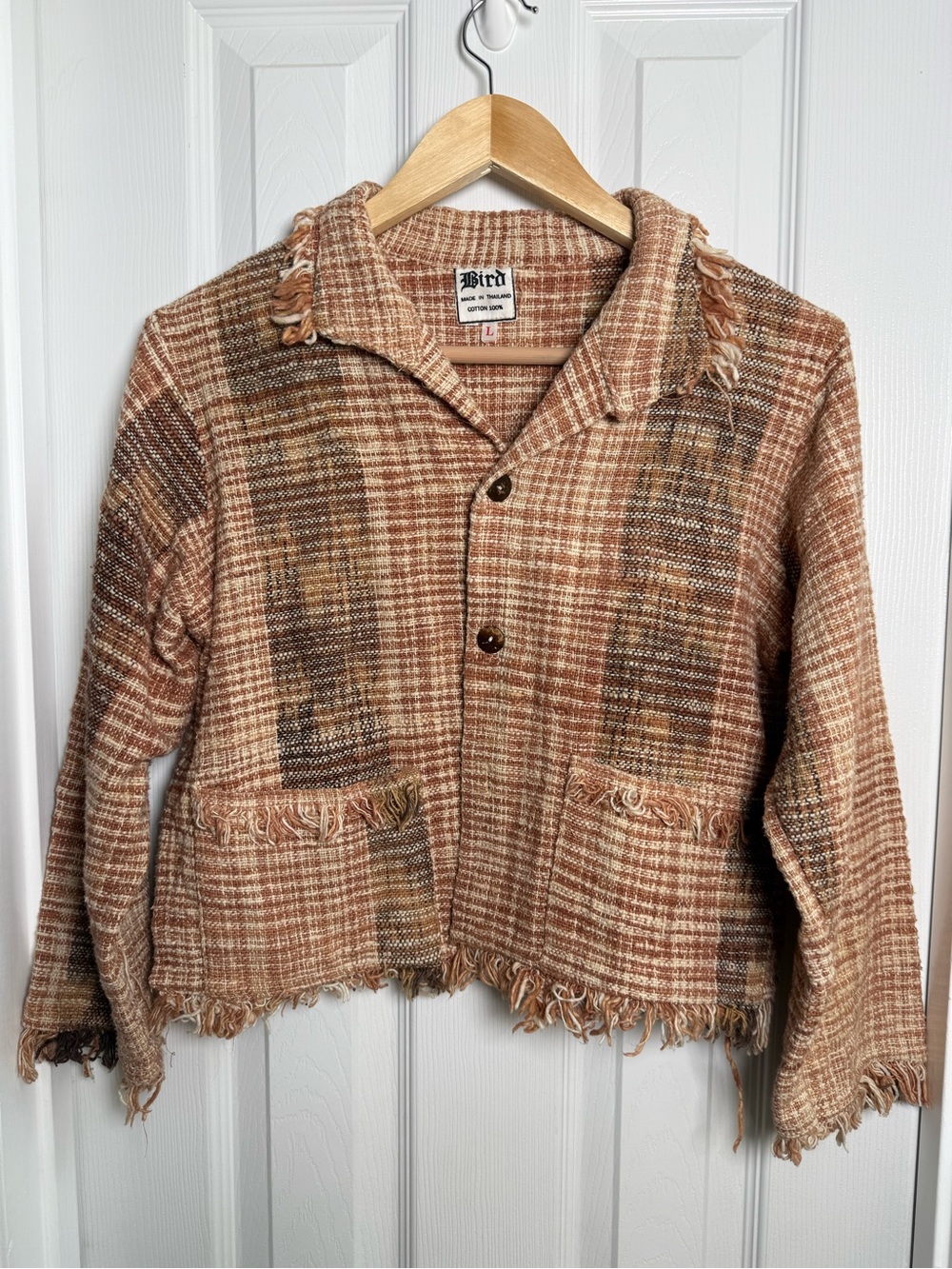 Vintage Bird Fringe Plaid Short Button Jacket L Multicolor Autumn Boho Chic